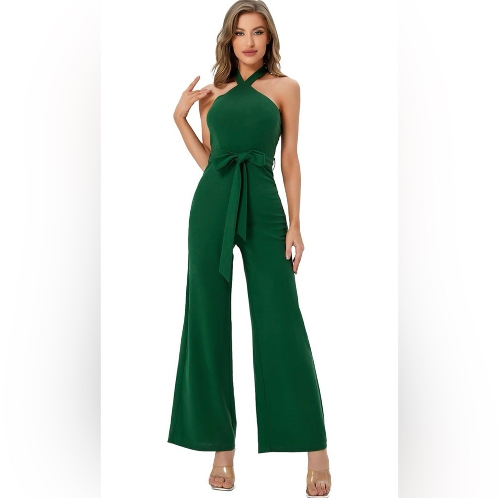 WDIRARA Women's Sleeveless Tied Backless High Waist Belted Wide Leg Jumpsuit